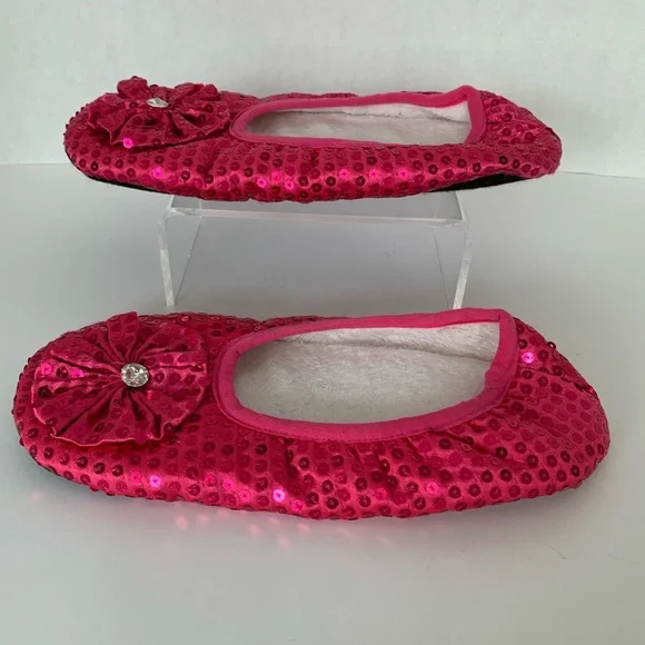 Ballet Slippers Pink Sequin Flower Clear Rhinestone Fur Lined Women's - Picture 7 of 12